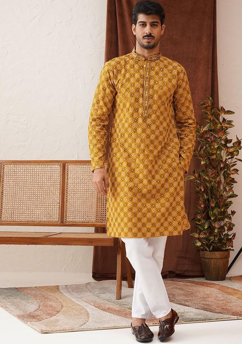 Mustard Yellow Embroidered Poly Blend Kurta Set For Men