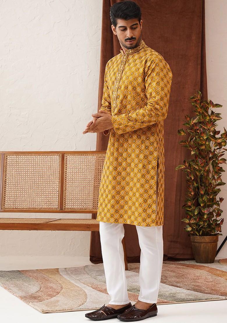 Mustard Yellow Embroidered Poly Blend Kurta Set For Men