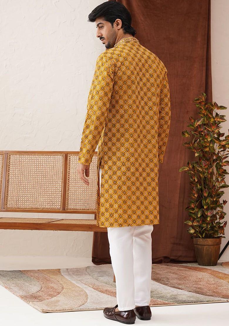 Mustard Yellow Embroidered Poly Blend Kurta Set For Men