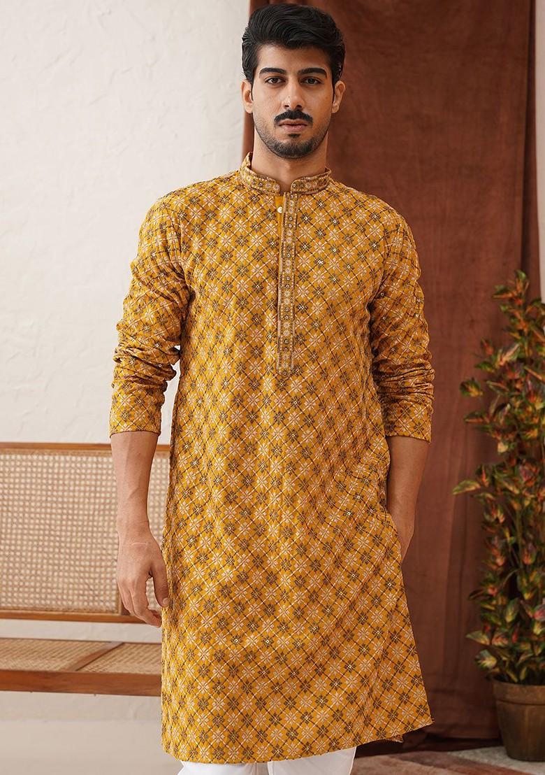 Mustard Yellow Embroidered Poly Blend Kurta Set For Men