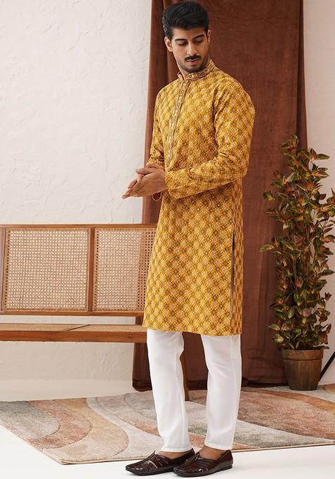 Mustard Yellow Embroidered Poly Blend Kurta Set For Men