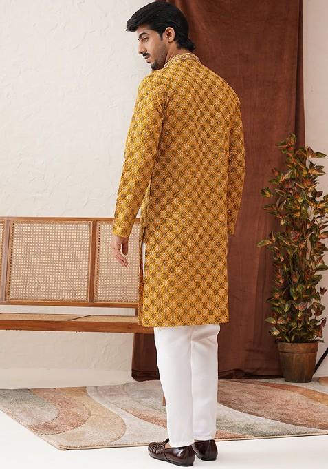 Mustard Yellow Embroidered Poly Blend Kurta Set For Men