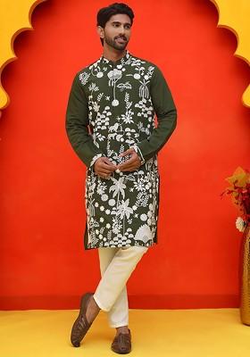 Olive Embroidered Poly Blend Kurta Set For Men