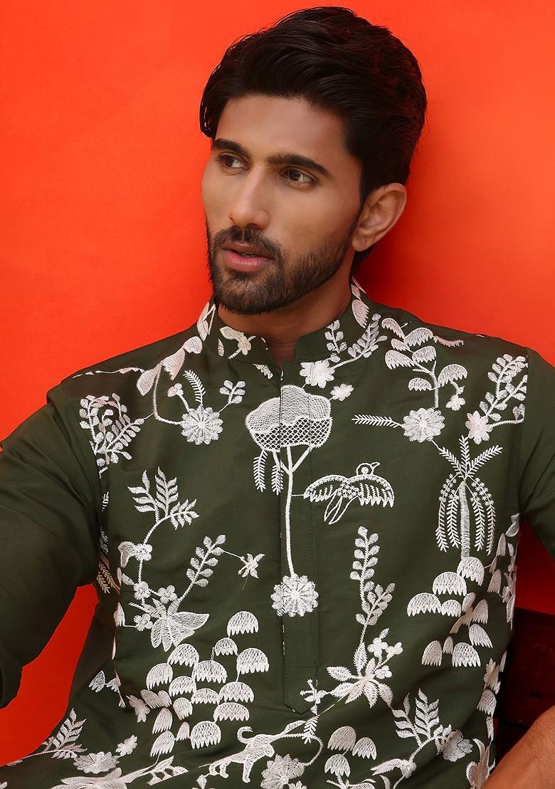 Olive Embroidered Poly Blend Kurta Set For Men