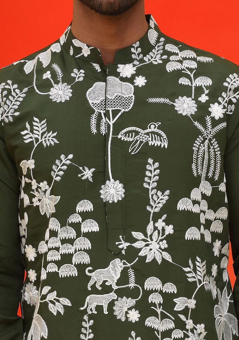 Olive Embroidered Poly Blend Kurta Set For Men