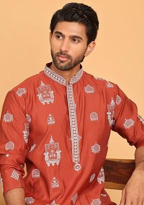 Brown Embroidered Poly Blend Kurta Set For Men