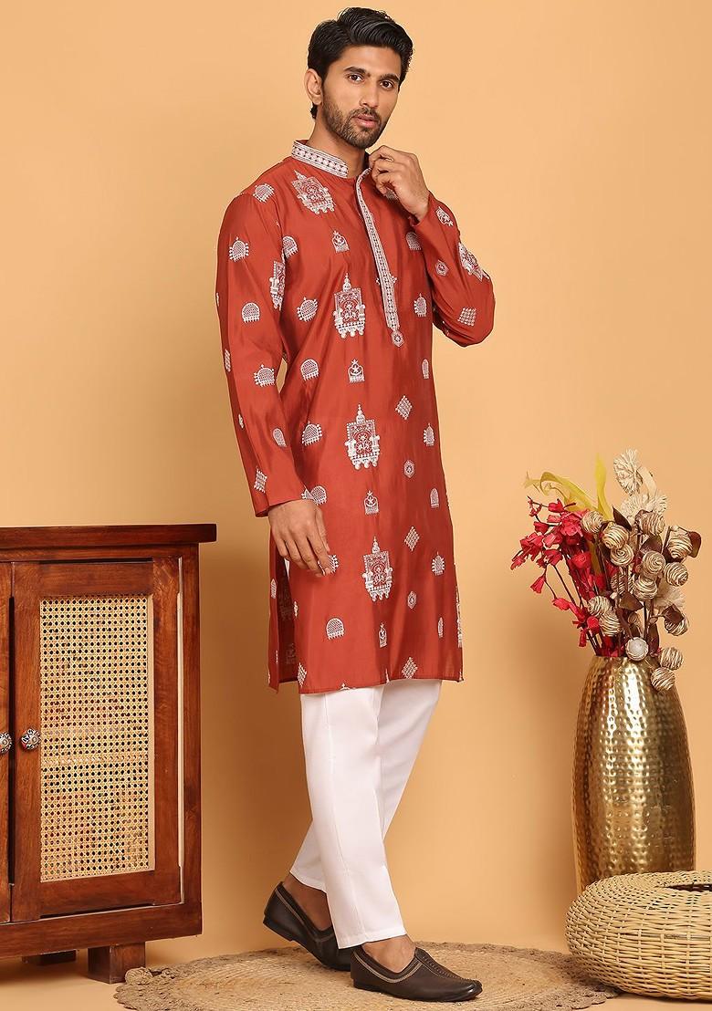 Brown Embroidered Poly Blend Kurta Set For Men