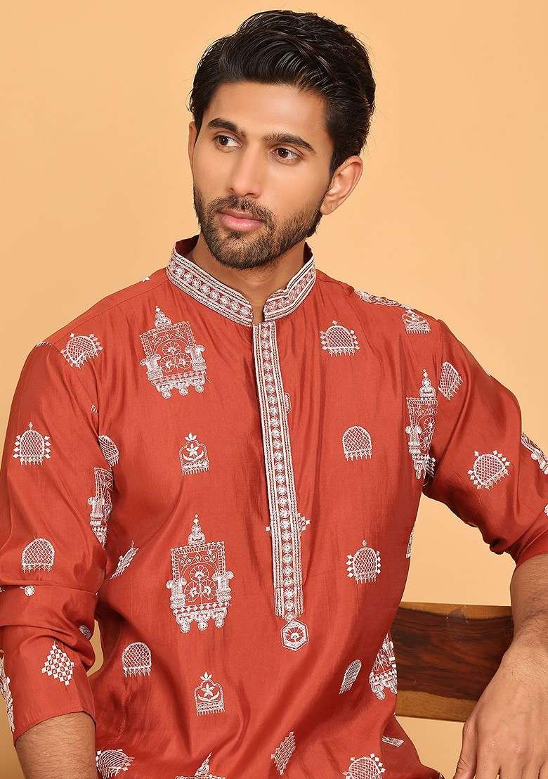Brown Embroidered Poly Blend Kurta Set For Men - Indya