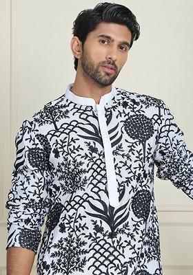 White Embroidered Poly Blend Kurta Set For Men