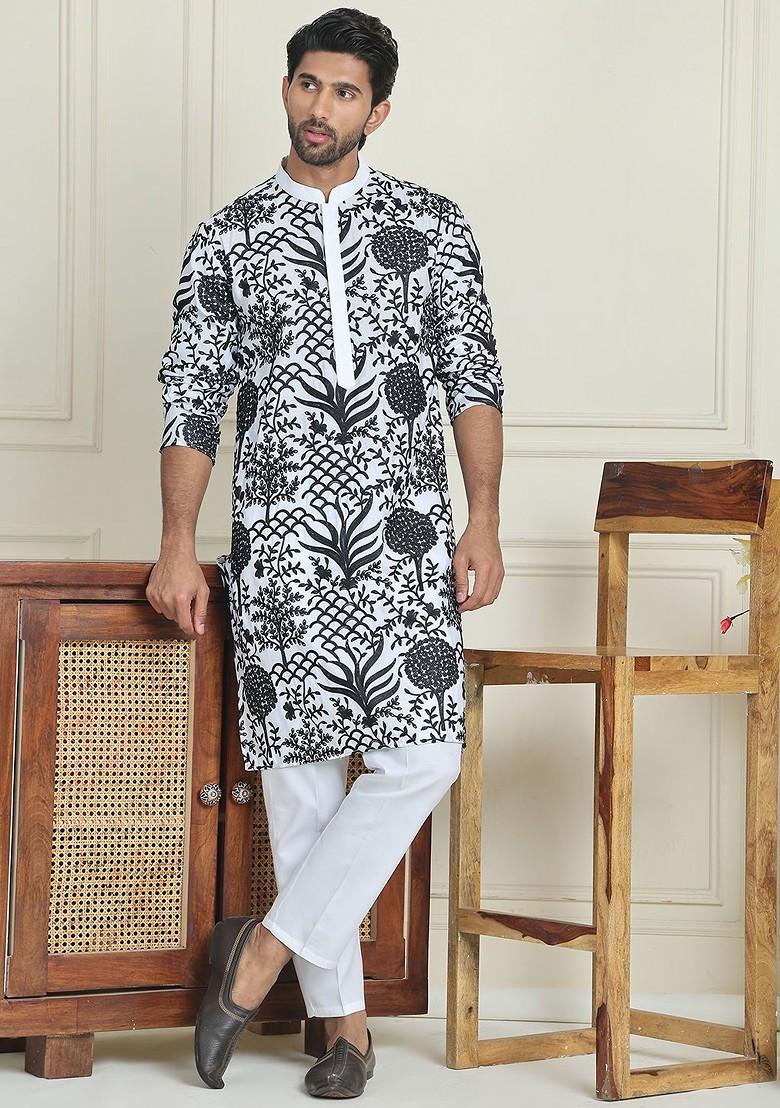 White Embroidered Poly Blend Kurta Set For Men