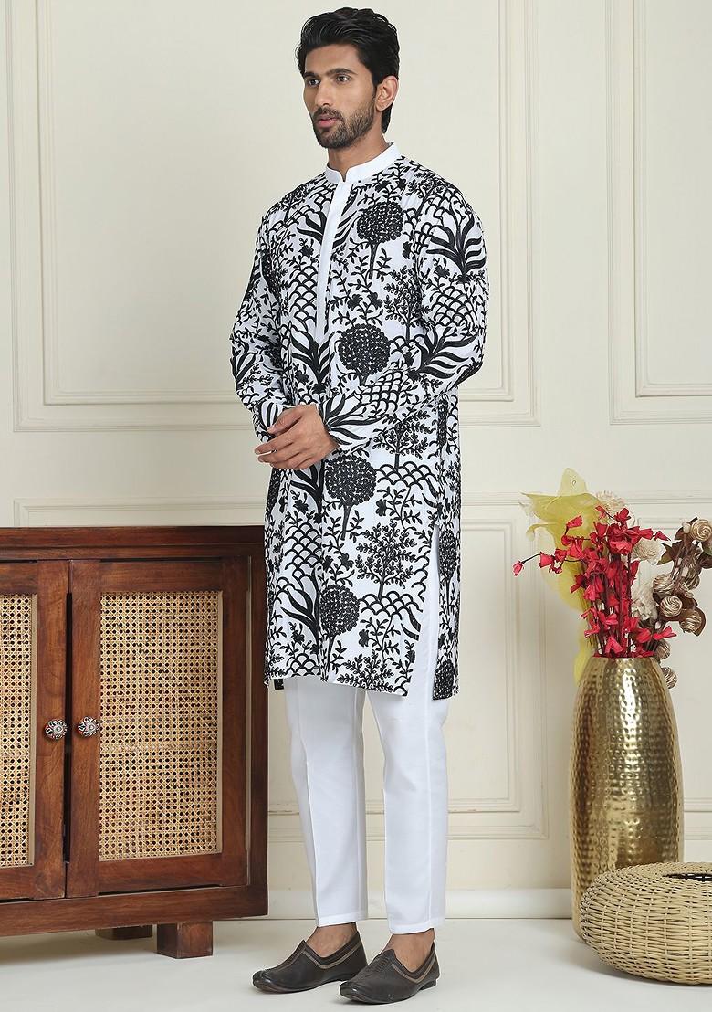 White Embroidered Poly Blend Kurta Set For Men