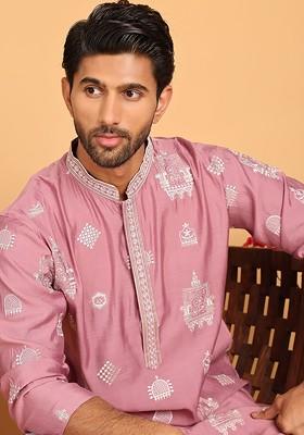 Pink Embroidered Poly Blend Kurta Set For Men