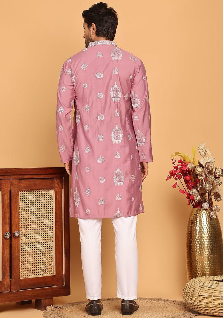 Pink Embroidered Poly Blend Kurta Set For Men