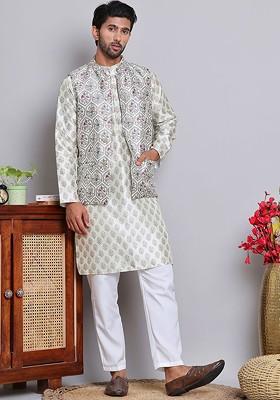 Green Printed Poly Blend Kurta Set For Men