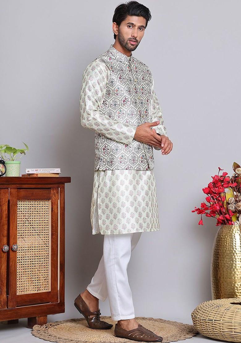 Green Printed Poly Blend Kurta Set For Men
