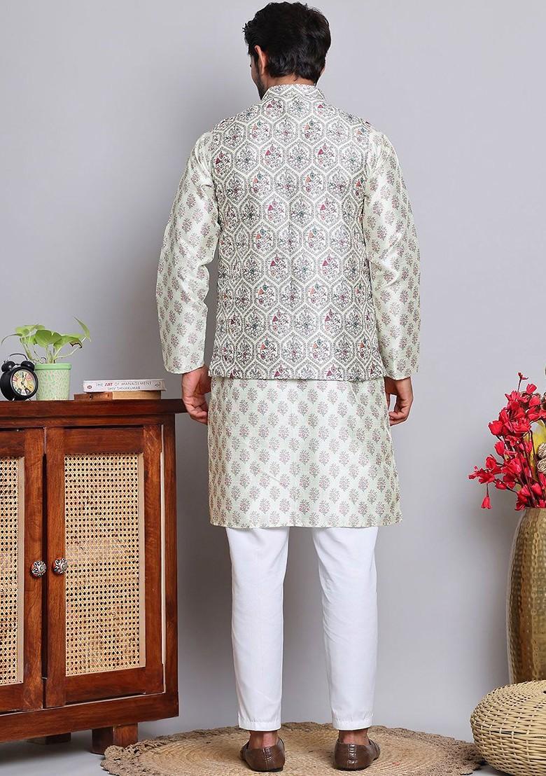 Green Printed Poly Blend Kurta Set For Men