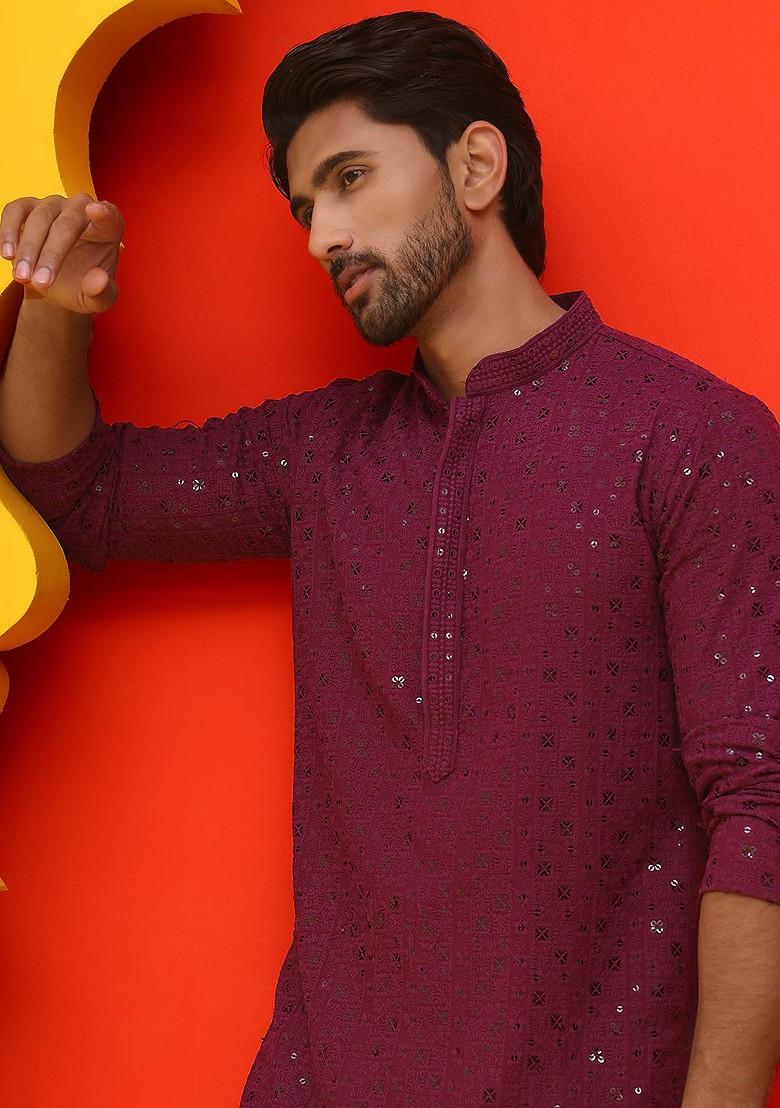 Purple Embroidered Poly Blend Kurta Set For Men