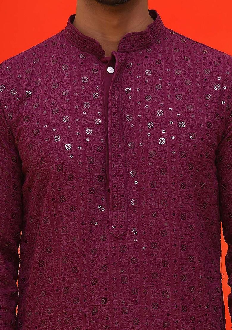 Purple Embroidered Poly Blend Kurta Set For Men
