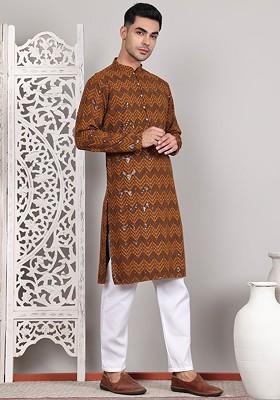Mustard Yellow Embroidered Poly Blend Kurta Set For Men