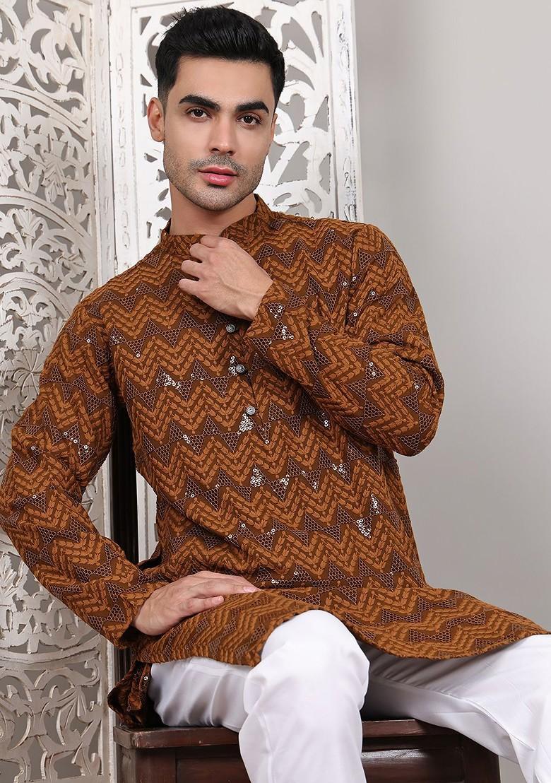 Mustard Yellow Embroidered Poly Blend Kurta Set For Men