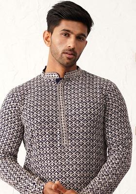 Navy Blue Embroidered Poly Blend Kurta Set For Men