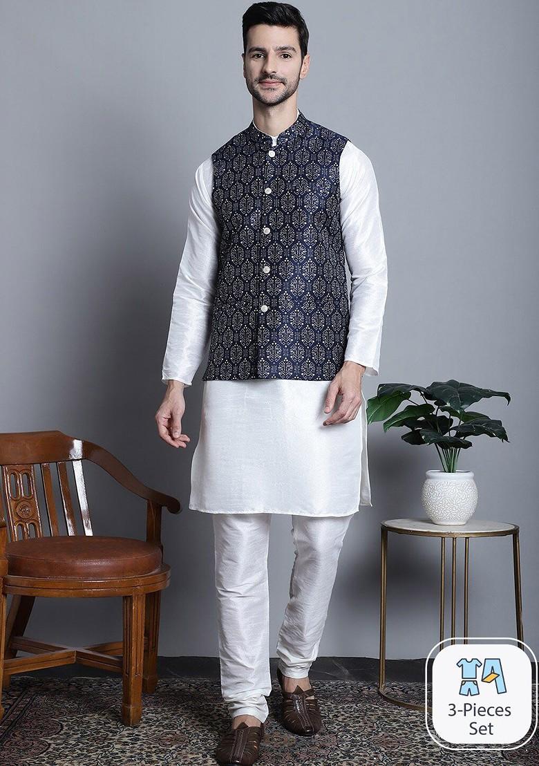 Navy Blue Embroidered Poly Blend Kurta Set For Men