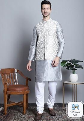 Cream Embroidered Poly Blend Kurta Set For Men