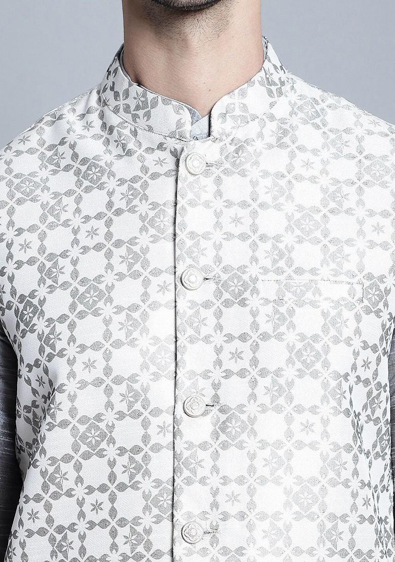 Cream Embroidered Poly Blend Kurta Set For Men