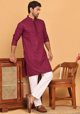 Maroon Embroidered Poly Blend Kurta Set For Men