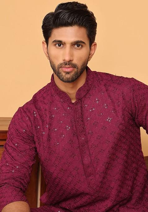 Maroon Embroidered Poly Blend Kurta Set For Men