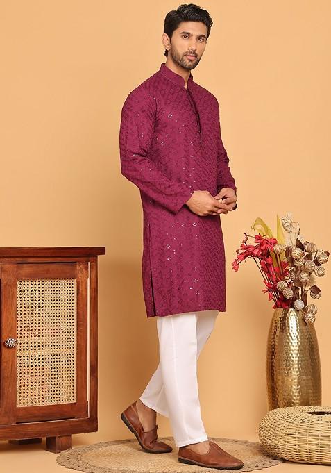 Maroon Embroidered Poly Blend Kurta Set For Men
