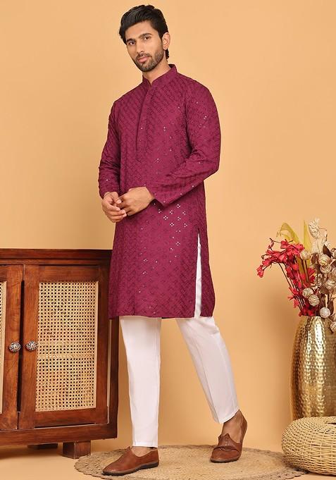 Maroon Embroidered Poly Blend Kurta Set For Men