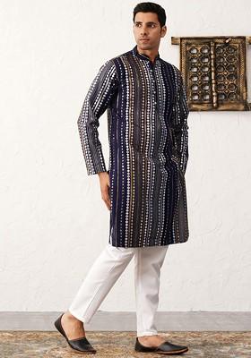 Navy Blue Embroidered Poly Blend Kurta Set For Men