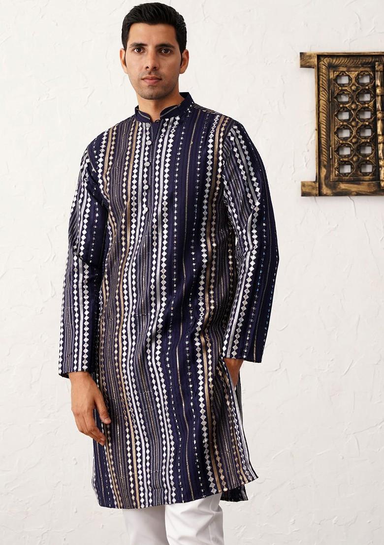 Navy Blue Embroidered Poly Blend Kurta Set For Men