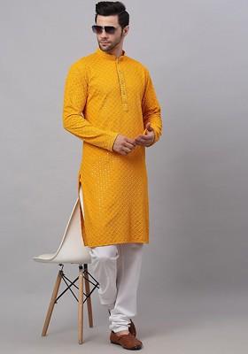 Mustard Yellow Embroidered Poly Blend Kurta Set For Men