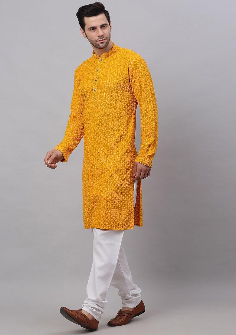 Mustard Yellow Embroidered Poly Blend Kurta Set For Men