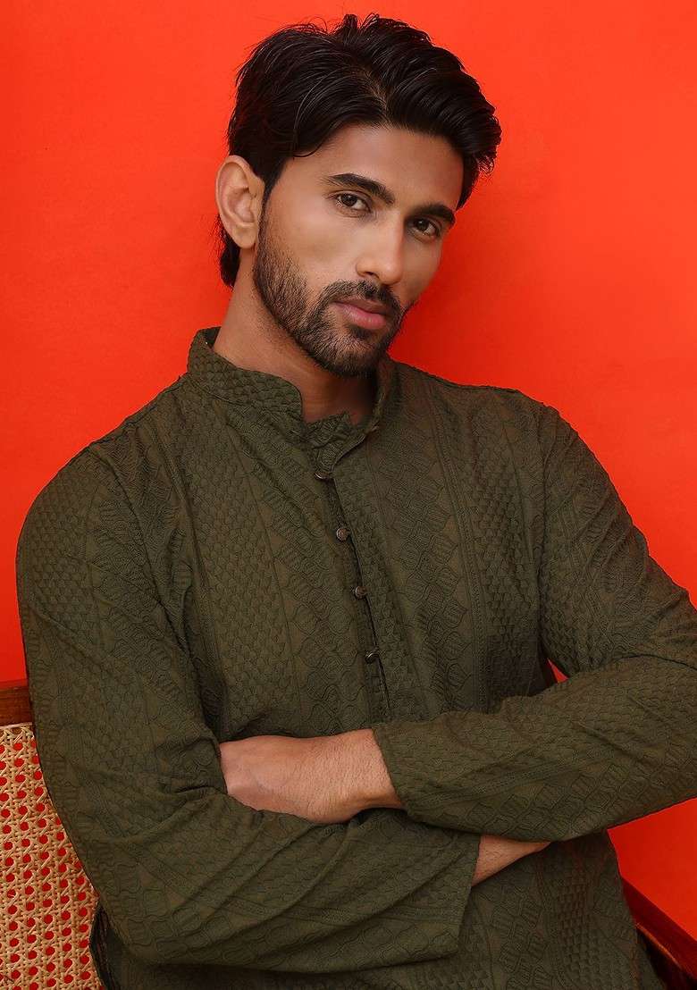 Olive Embroidered Poly Blend Kurta Set For Men - Indya