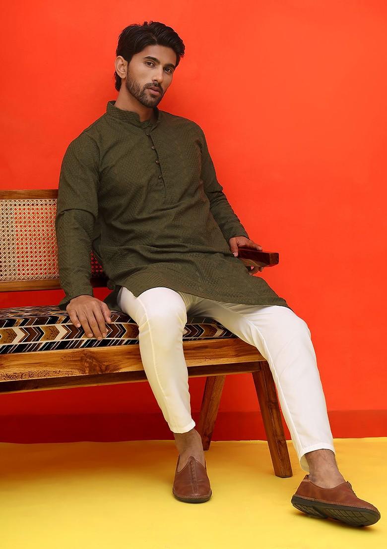 Olive Embroidered Poly Blend Kurta Set For Men