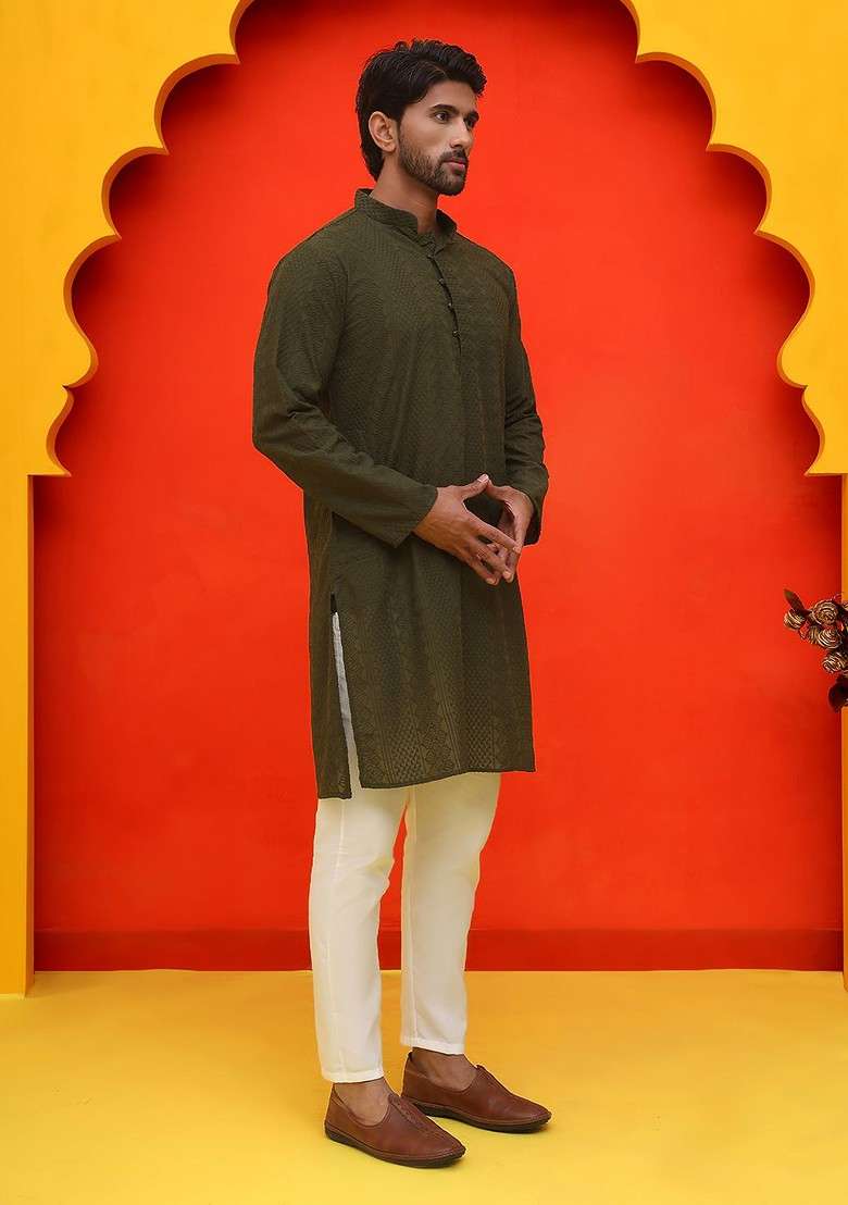 Olive Embroidered Poly Blend Kurta Set For Men - Indya
