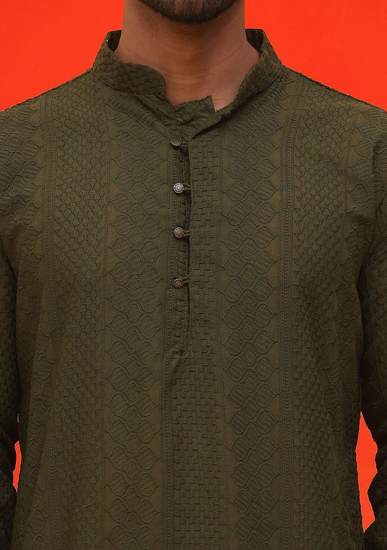 Olive Embroidered Poly Blend Kurta Set For Men
