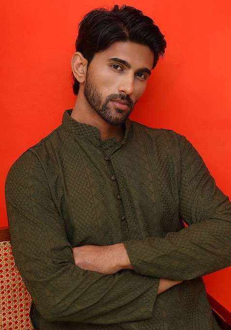 Olive Embroidered Poly Blend Kurta Set For Men