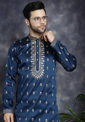 Navy Blue Embroidered Poly Blend Kurta Set For Men