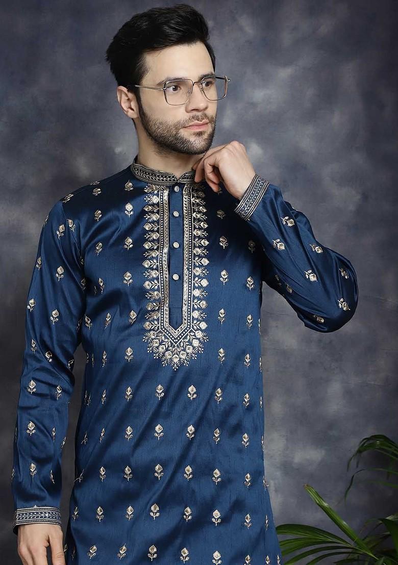Navy Blue Embroidered Poly Blend Kurta Set For Men