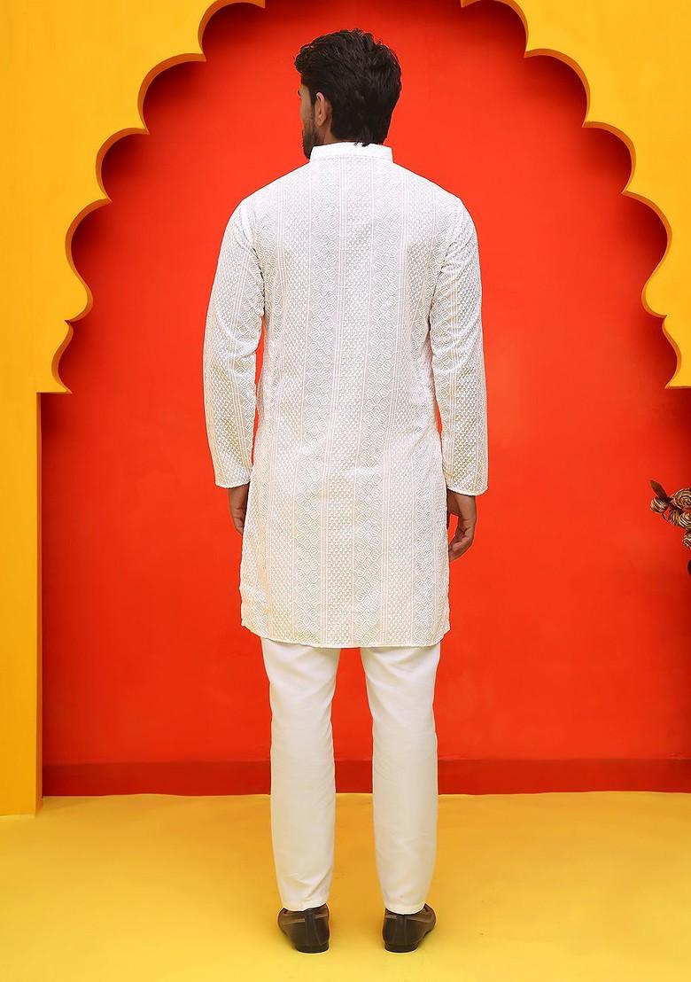 White Embroidered Poly Blend Kurta Set For Men