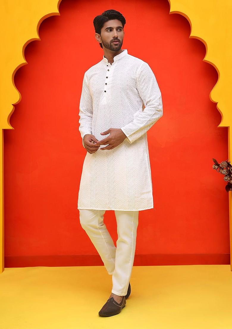 White Embroidered Poly Blend Kurta Set For Men