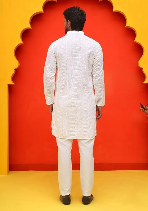 White Embroidered Poly Blend Kurta Set For Men