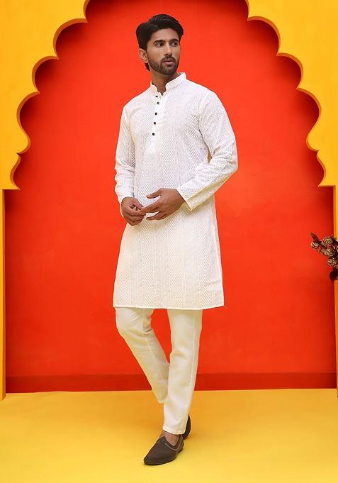 White Embroidered Poly Blend Kurta Set For Men