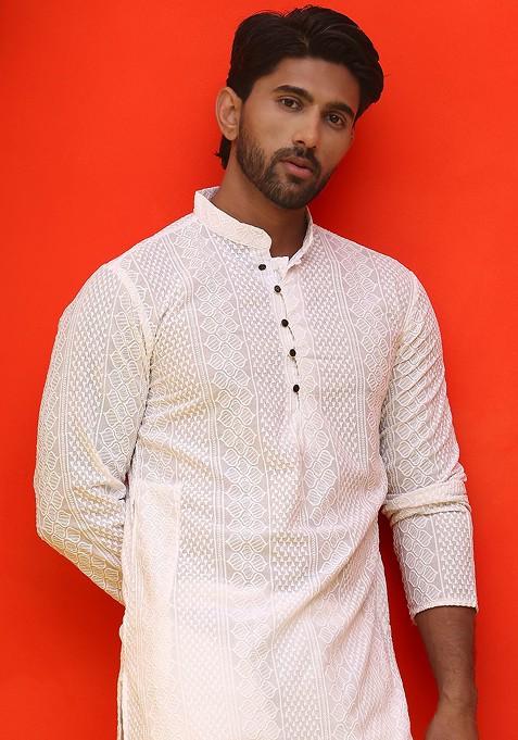White Embroidered Poly Blend Kurta Set For Men