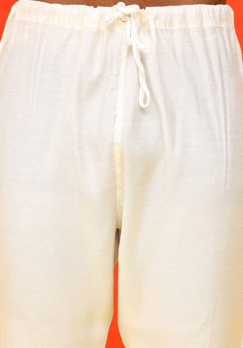 White Embroidered Poly Blend Kurta Set For Men