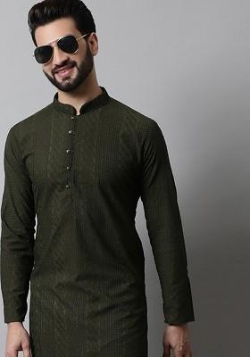 Olive Embroidered Poly Blend Kurta Set For Men